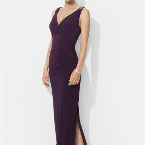 Lauren Ralph Lauren Rhinestone Embellished Purple Jersey Gown Size 14 - Picture 1 of 9